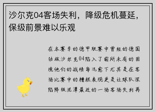 沙尔克04客场失利，降级危机蔓延，保级前景难以乐观